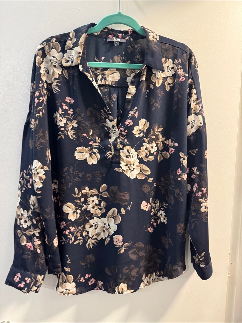 NYDJ Navy Floral V-Neck Button-Detail Blouse